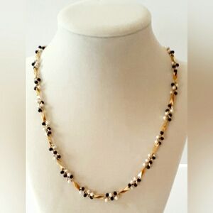 24" Goldtone Black & White  Beaded Necklace